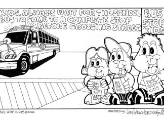 Coloring cartoon teaches kids bus safety