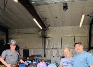 GTCC partners with Kids, Cops & Classrooms to deliver school supplies in Pascoag Saturday Colonel Kyle Shipley, left, with Glad Tidings Community Church Children's Director Amy-Beth Vasconcelos and her husband, GTCC Kids Church Coordinator Antonio Vasconcelos.